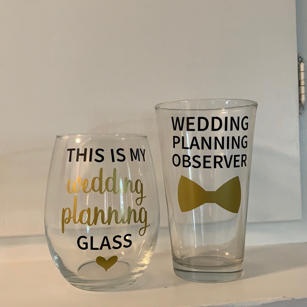 Wedding Planning wine and beer glasses for Bride and Groom